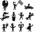 © Shuvo's World - Go-Kart Racer and Pit Crew Vector Set – Racing Drivers, Mechanics, Checkered Flag, Trophy, and Race Icons in Comic Style