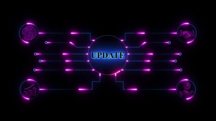 Glowing neon sign BusinessI UPDATE concept animated. UPDATE management concept. Glowing neon line UPDATE Product lifecycle management system technology concept.