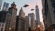 Futuristic cityscape with flying vehicles soaring through the urban skyline, showcasing a blend of classic architecture and advanced technology in a vibrant metropolis