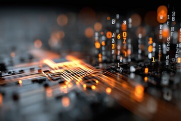 Futuristic circuit board with glowing orange data pathways and holographic binary numbers.