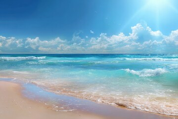 Wall Mural - Breathtaking summer beach setting with crystal clear waters, pristine sand and a bright sunny sky watching over an idyllic coastal escape