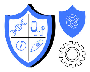 Wall Mural - Divided shield featuring DNA, stethoscope, pill, and thermometer, paired with fingerprint and gear. Ideal for health, cybersecurity, technology, data protection innovation healthcare safety system