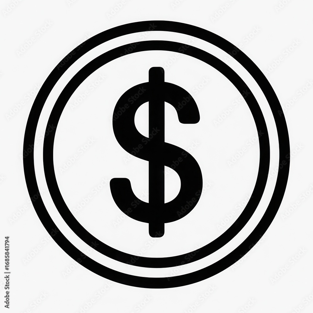 Isolated dollar sign icon, a clear black illustration representing money, finance, and investment on a clean white background. Perfect for business, economic concepts, and financial applications.