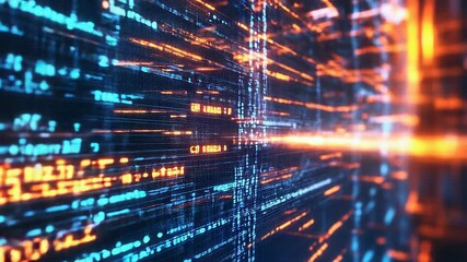 Programming code flowing on digital display in cyberspace