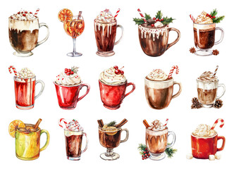 Wall Mural - png festive holiday drinks illustration, element set on transparent background