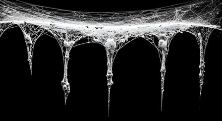 A detailed closeup of a thick, white spider web with dew drops or frost, hanging like icicles against a stark black background