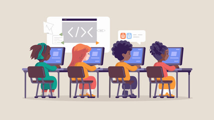 Flat vector design of online coding class with children at computers wearing orange shirts