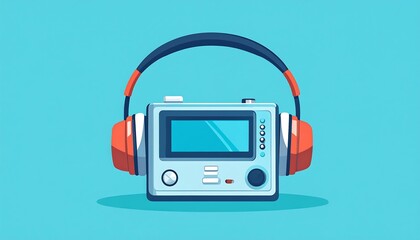 Cartoon illustration of a portable audio player with headphones