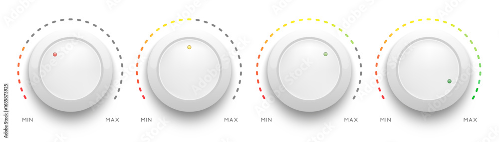 White round switch button with level meter scale. Volume knob ...