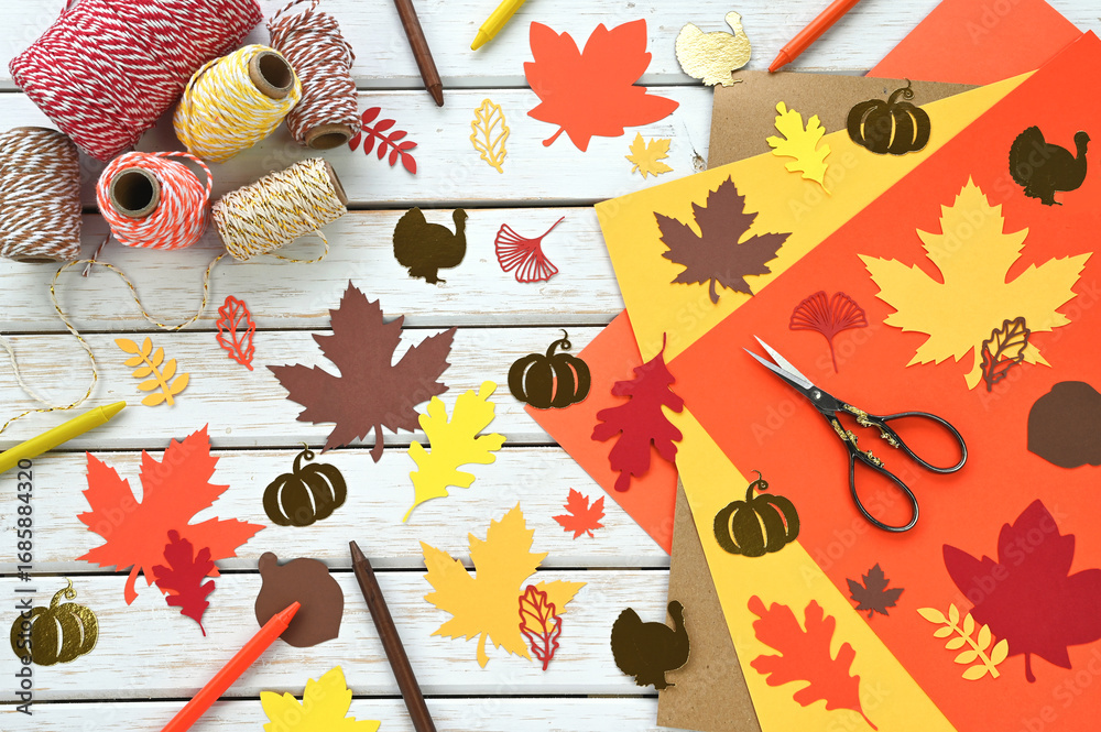 Thanksgiving Craft Background - autumn leaves pumpkin turkey Stock ...