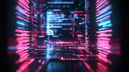 Programming code forming futuristic cityscape in cyberspace