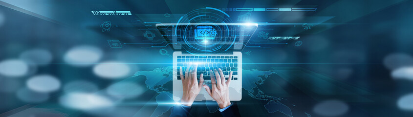 Wall Mural - application coding, system design businessman using laptop with version control, bug tracking, ui/ux