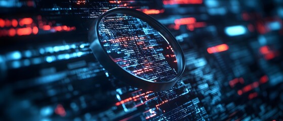A close-up image showcasing a futuristic digital interface with glowing elements, emphasizing technology and data analysis. Ideal for illustrating modern innovations in tech.