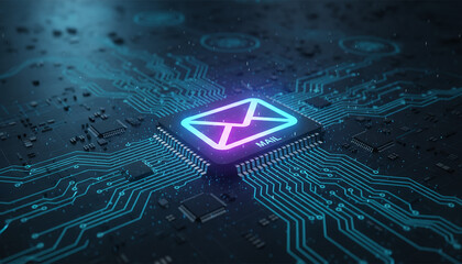 high-tech glowing envelope email interface in dark background, digital security access panel, sci-fi design