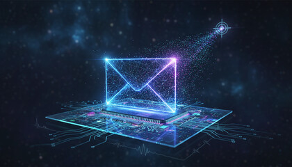 high-tech glowing envelope email interface in dark background, digital security access panel, sci-fi design