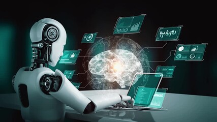 Wall Mural - robot hominoid use laptop and sit at table for big data analytic using ai thinking brain , artificia