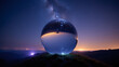 © Safirni Stock Studio - Crystal ball reflects night sky and city lights on a hilltop at twilight.