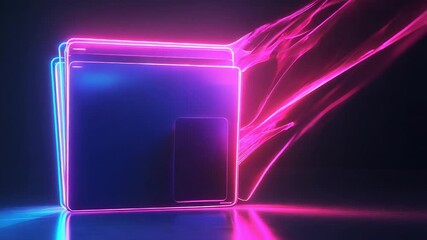 Neon glowing floppy disks emitting light trails in digital retro style