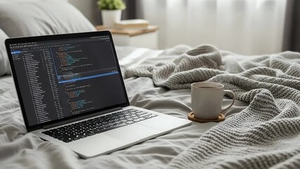Coding in Comfort: A cozy scene unfolds as a modern laptop displays lines of code, resting on a soft bed, a mug of coffee nearby.