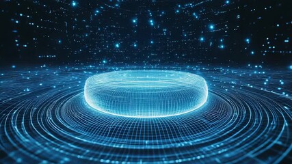Futuristic glowing blue podium illuminating digital data streams