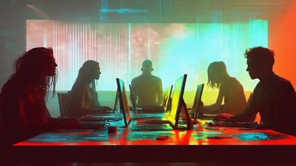 Programmers working in futuristic office with holographic projections