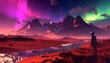 © Sansukumiii - Astronaut on alien planet with mountains, river, and colorful sky.