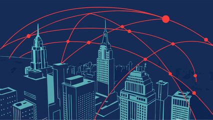 Stylized Cityscape with Network Connections Global Business and Technology Illustration.