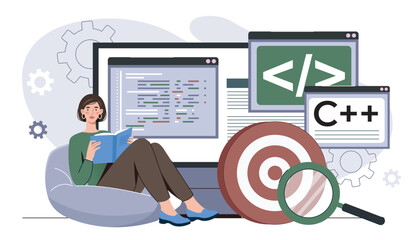 Frontend development concept. Woman with book sits near program code. Programmer and IT specialist studies programming language. Development of pages for website. Flat vector illustration