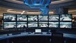 © mevideo - High-tech surveillance control room with multiple monitors showing live traffic footage, representing real-time monitoring, public safety, urban security systems, intelligent transportation management