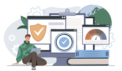 Software testing concept. Man with tablet near computer with programs. Programmers and IT specialists fix errors in code. Coding and programming. Flat vector illustration