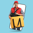 © New Africa - Food delivery service worker with thermo bag sticking out of mobile phone display against light blue background. Online order