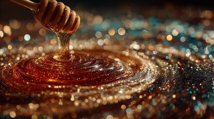 Honey dripping from dipper creating swirling pattern with bokeh lights