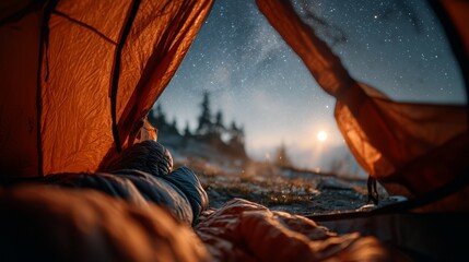 Wall Mural - Camping under the stars: view from inside tent at night