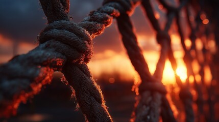 Rope net with knots at sunset, warm light