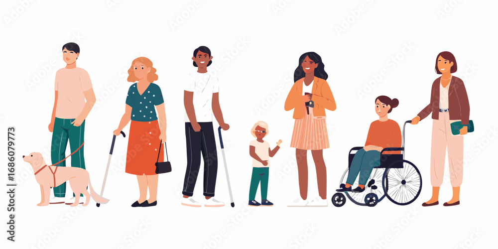Vetor Diverse group of people with disabilities and a guide dog ...