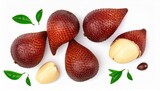 High-quality image of fresh salak fruit with leaves, highlighting the unique texture and seeds of this exotic tropical fruit.