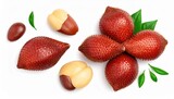 Top view of fresh salak fruits, whole and peeled, with green leaves on a white background, showcasing their unique texture and color.