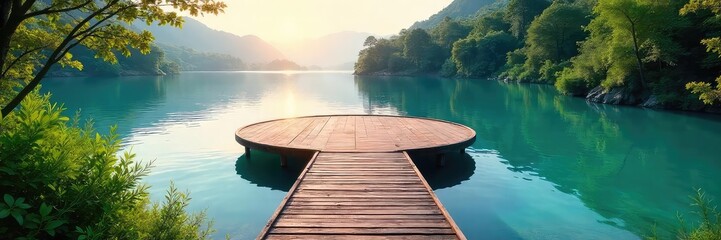 Naklejka na meble A circular dock extends into calm, clear water, surrounded by lush green vegetation Perfect for a serene, peaceful, or nautical-themed design The sun gently illuminates the scene , trees, planks
