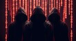 © ViskBx - Three hooded figures stand against a backdrop of falling binary code, creating a mysterious and ominous scene, symbolizing cybersecurity risks.