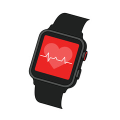 Black smartwatch displaying a red heart rate graph The screen also shows a heart The watch has a black band and buttons