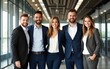 © Susan - Happy diverse business team standing in the office. Five cheerful confident successful people in smart casual suits smiling and posing for a group photo all together. Banner. Work and success concept