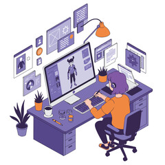 A person works at a desk with a computer displaying an animated character and multiple virtual windows
