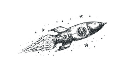 Wall Mural - Sketchy Rocket Blasting Off with Stars and Fiery Trail. Vector hand drawn illustration