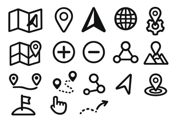 Set of map and navigation line icons. Vector collection of location pin, GPS route, destination pointer, globe, and travel symbols for web and mobile app interface design.