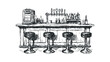 © Bravo - Hand drawn vintage bar interior with stools and beverages. Vector hand drawn illustration