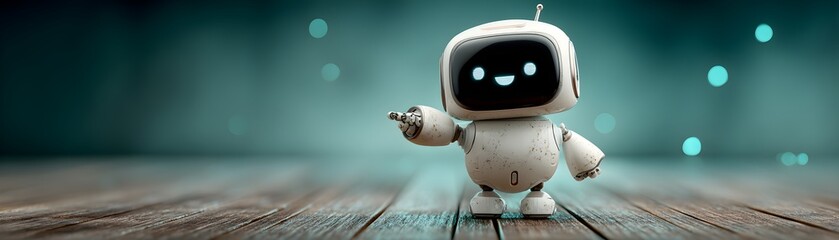 Gradient Aqua Blue Teal Clean Humanoid Robot Standing Natural Wooden Floor Blurred Background Featuring Glowing Bokeh Branding Social Media Poster Banner Marketing Ecommerce Web Print Co SEO Optimized