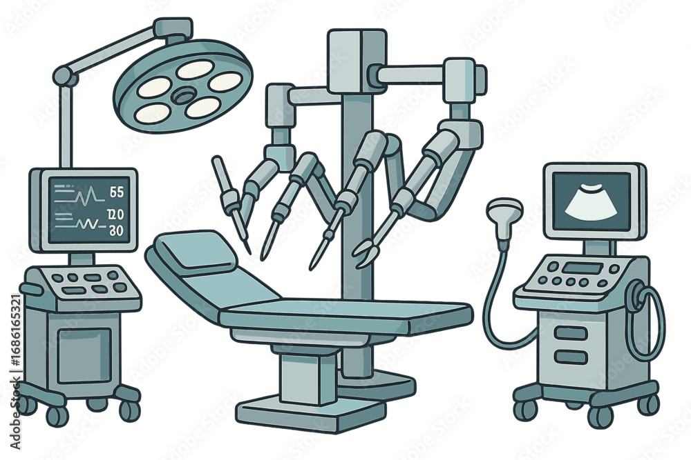 Operating Instruments Cartoons Advanced medical equipment and robotic surgical instruments in a modern ...