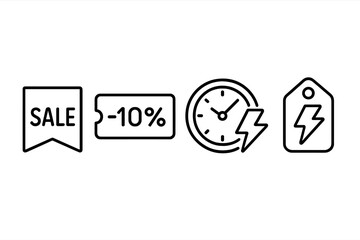 Wall Mural - Sale and promotion outline icon set. Vector graphic elements for marketing campaigns. Discount coupon, flash sale clock, price tag, and special offer banner for advertising.