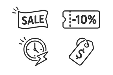 Wall Mural - Promotional icons outline set. Vector linear collection for marketing and advertising. Sale banner, discount coupon, flash sale clock, and price tag symbol for special offers.