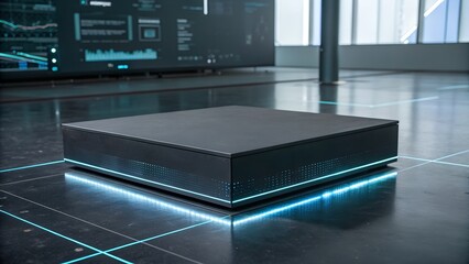 Sleek black square platform with blue neon lighting set against a modern tech backdrop
